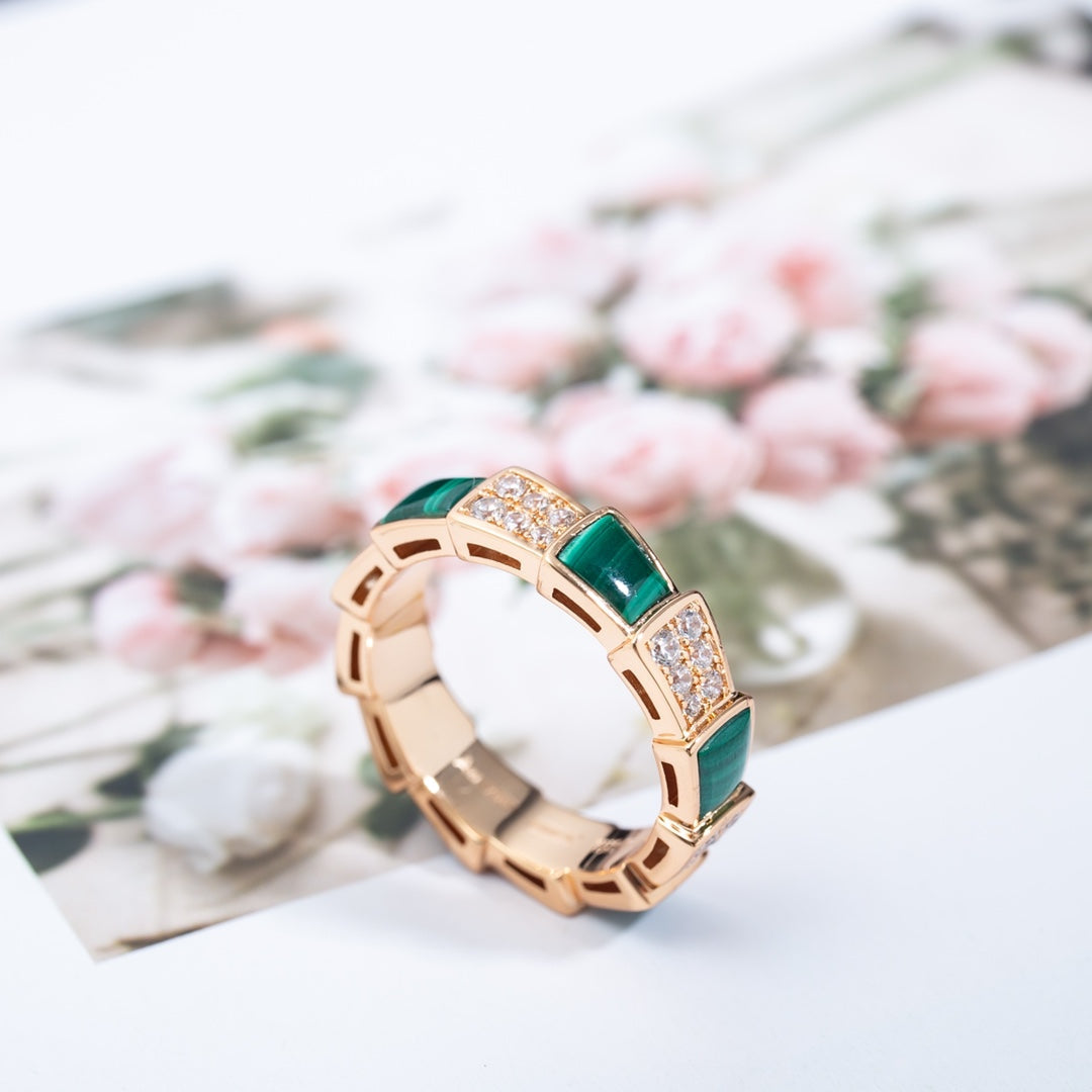 [Together Jewelry]SERPENTI RING PINK GOLD MALACHITE DIAMOND PAVED 4MM