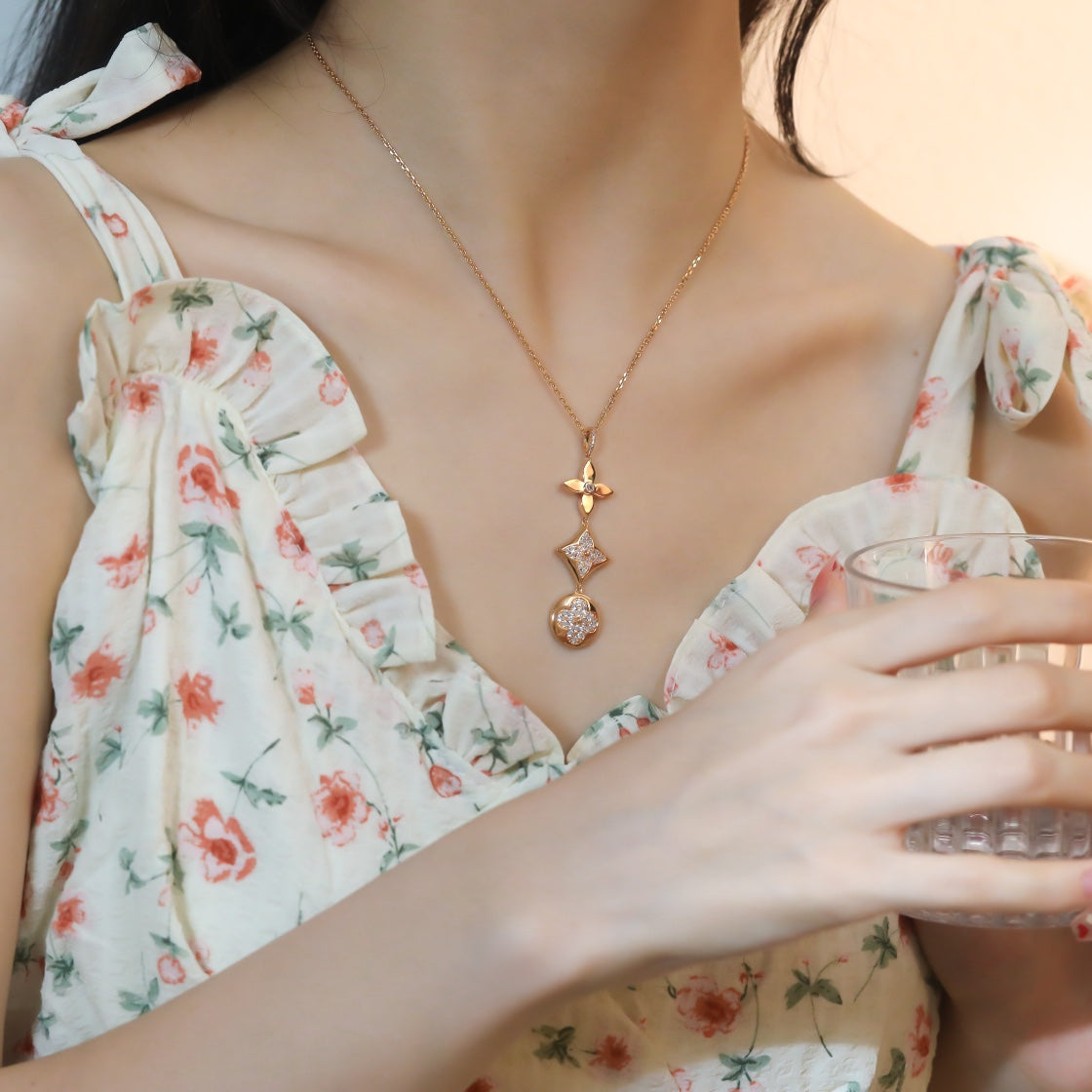 [Together Jewelry]STAR AND SUN DIAMOND PINK GOLD NECKLACE