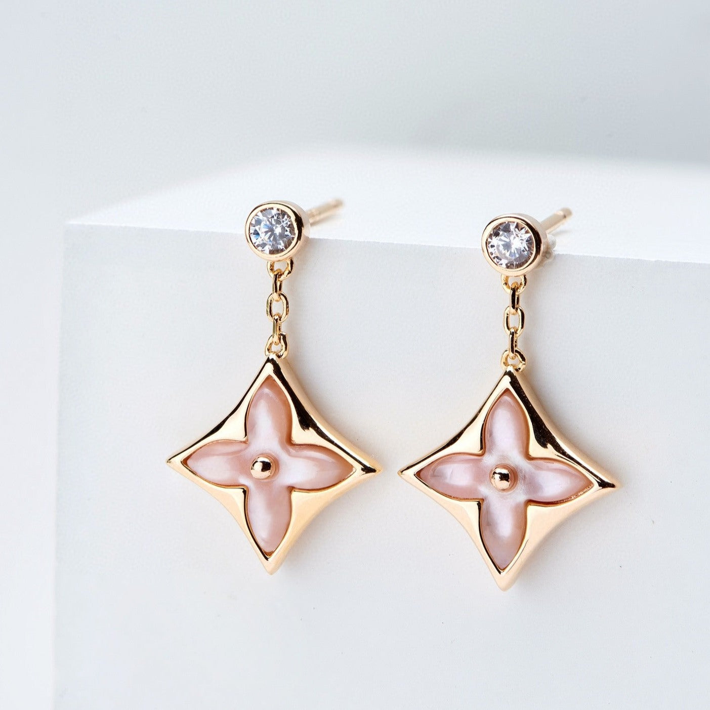 [Together Jewelry]DOUBLE STAR PINK GOLD MOP DROP EARRINGS