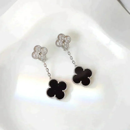 [Together]CLOVER 2 MOTIFS  DIAMOND ONYX EARRINGS SILVER