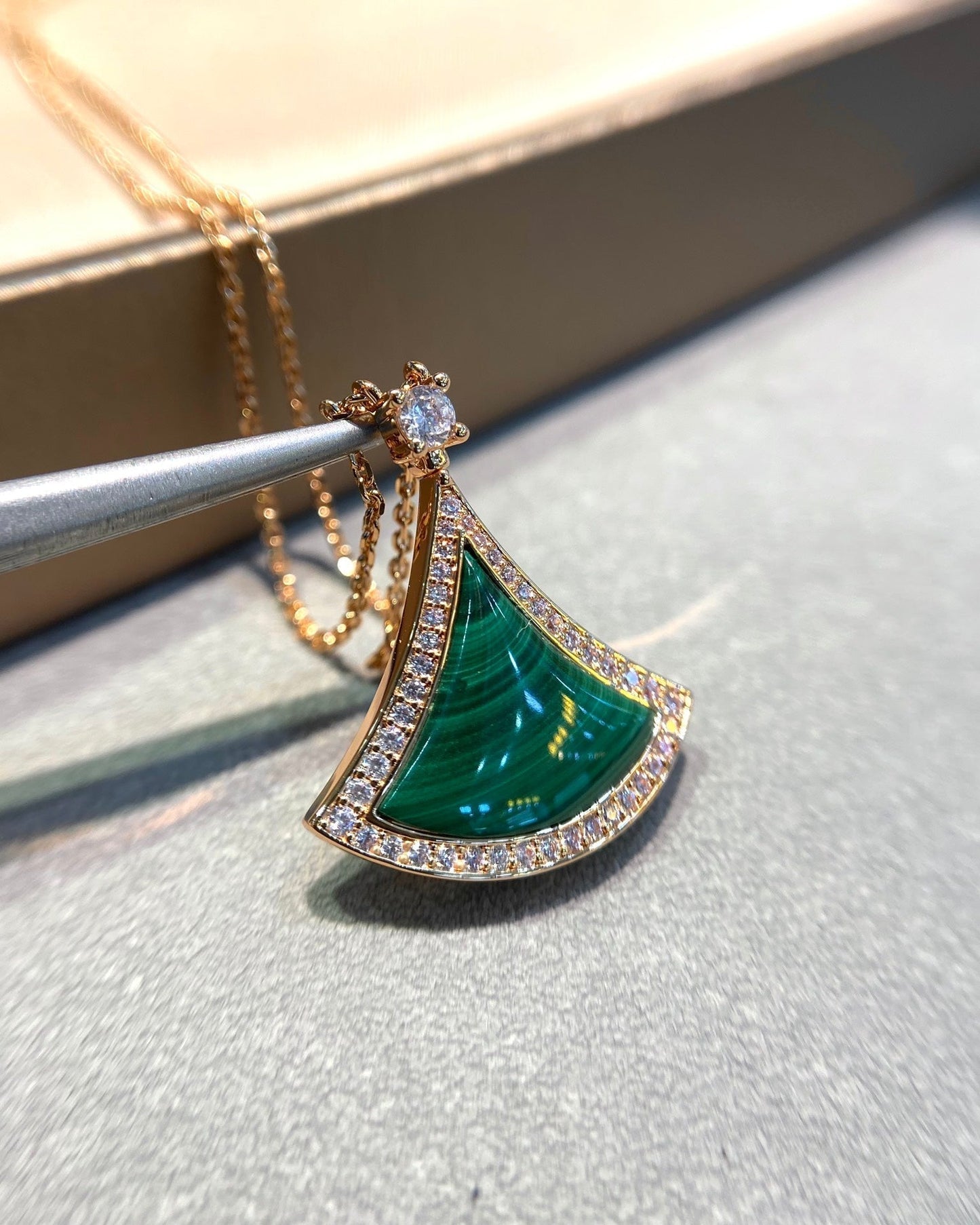 [Together Jewelry]DREAM MALACHITE DIAMOND PAVED PINK GOLD NECKLACE