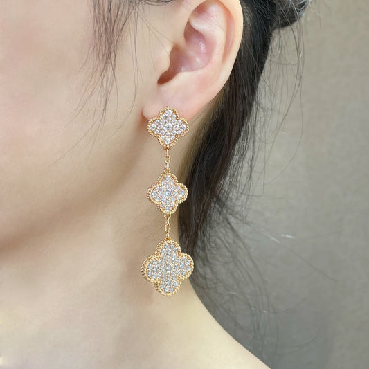 [Together]CLOVER 3 MOTIFS DIAMOND PAVED ROSE GOLD EARRINGS