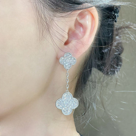 [Together]CLOVER 2 MOTIFS DIAMOND PAVED SILVER EARRINGS