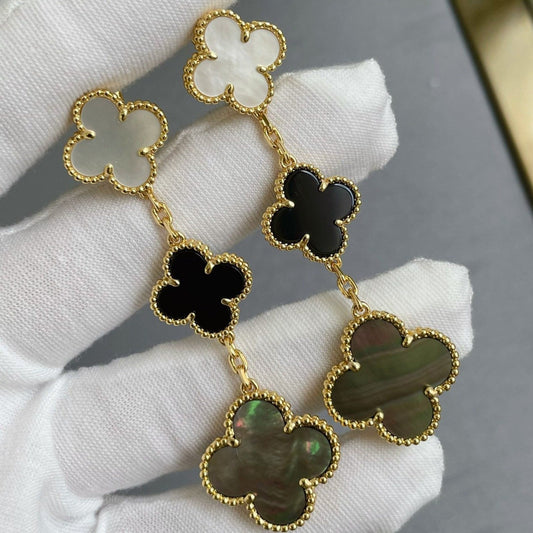 [Together]CLOVER 3 MOTIF MOP ONYX DARK MOP PINK GOLD EARRINGS