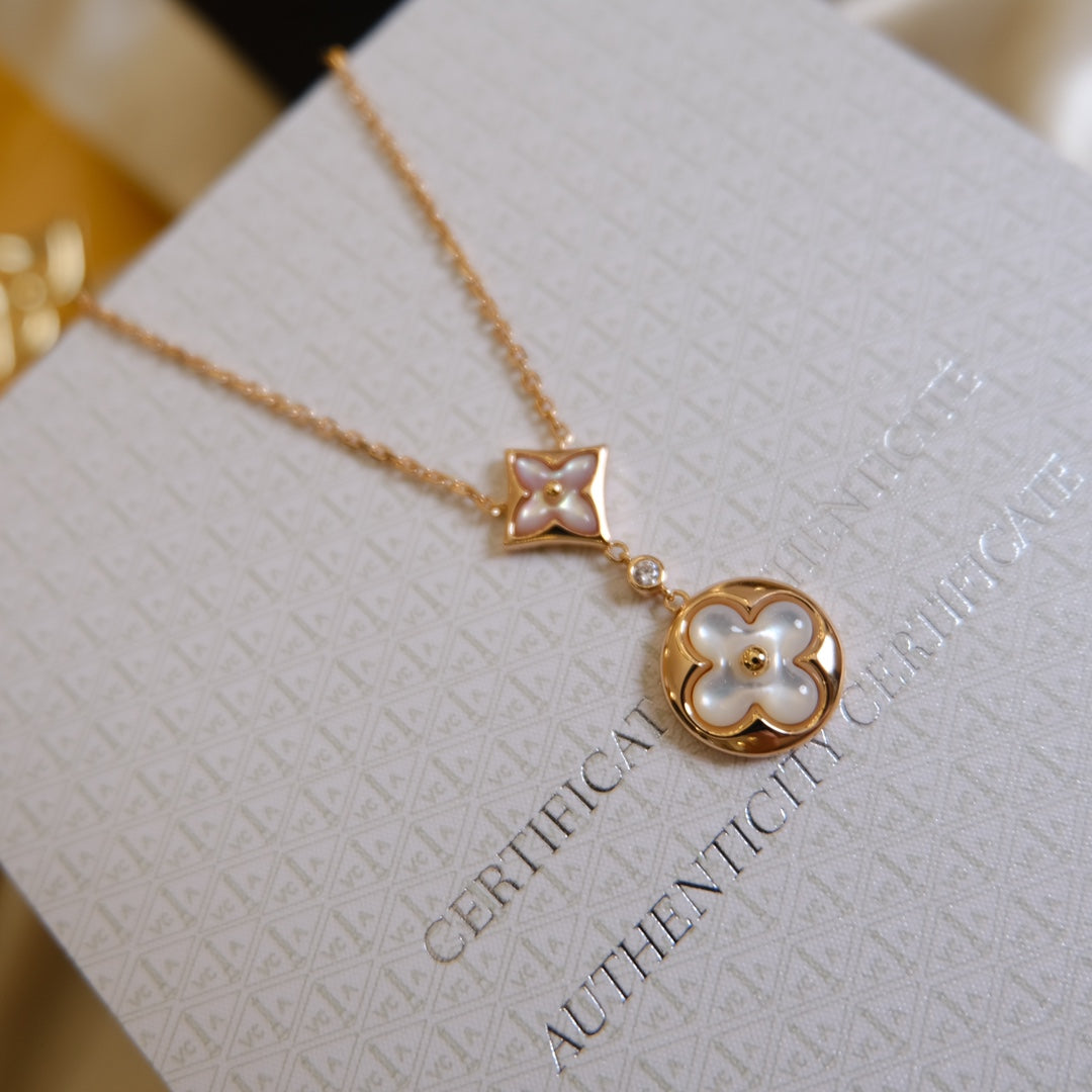 [Together Jewelry]STAR AND SUN WHITE MOP 2 MOTIF PINK GOLD NECKLACE