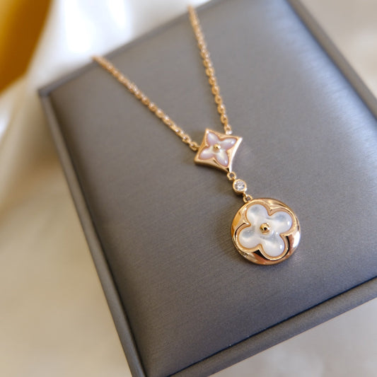 [Together Jewelry]STAR AND SUN WHITE MOP 2 MOTIF PINK GOLD NECKLACE