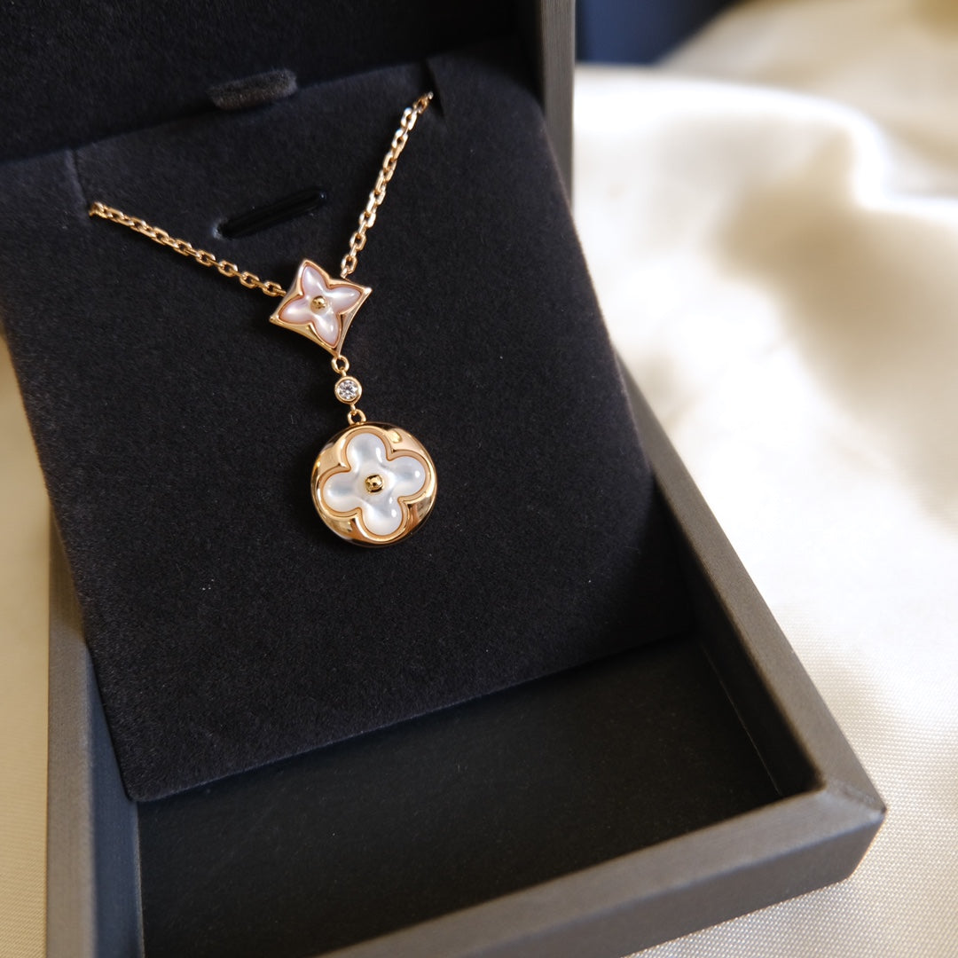 [Together Jewelry]STAR AND SUN WHITE MOP 2 MOTIF PINK GOLD NECKLACE