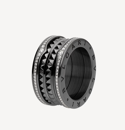 [Together Jewelry]ZERO 1 ROCK FOUR-BAND BLACK CERAMIC WITH STUDDED SPIRAL AND PAVED DIAMONDS RING
