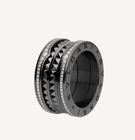 [Together Jewelry]ZERO 1 ROCK FOUR-BAND BLACK CERAMIC WITH STUDDED SPIRAL AND PAVED DIAMONDS RING