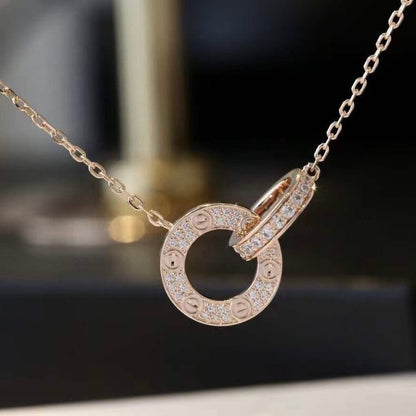 [Together Jewelry]LOVE 7.6MM NECKLACE ROSE GOLD AND SILVER  FULL DIAMOND