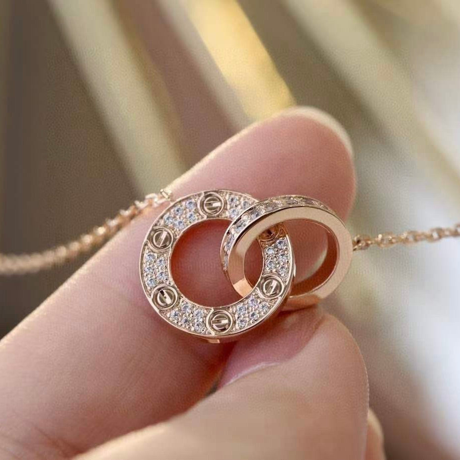 [Together Jewelry]LOVE 7.6MM NECKLACE ROSE GOLD AND SILVER  FULL DIAMOND