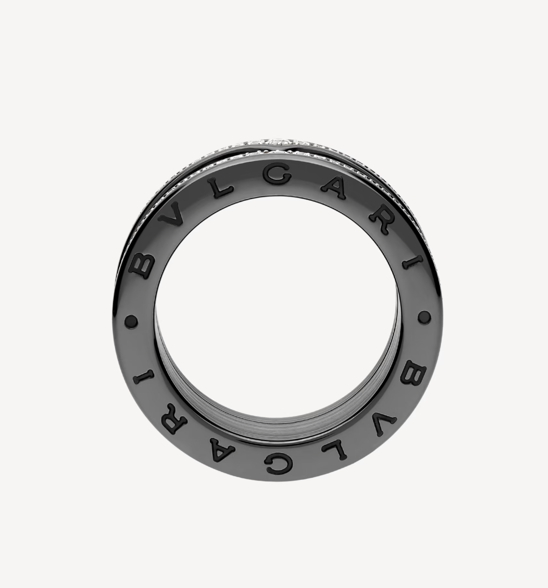 [Together Jewelry]ZERO 1 ROCK FOUR-BAND BLACK CERAMIC WITH STUDDED SPIRAL AND PAVED DIAMONDS RING