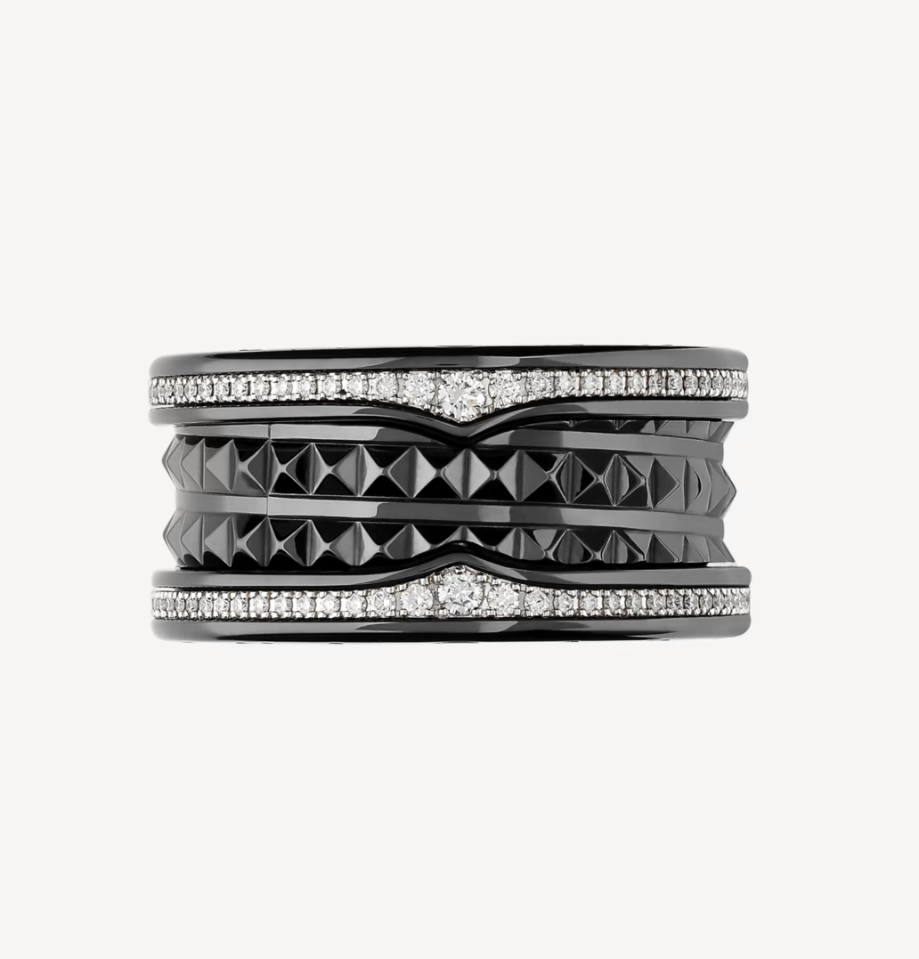 [Together Jewelry]ZERO 1 ROCK FOUR-BAND BLACK CERAMIC WITH STUDDED SPIRAL AND PAVED DIAMONDS RING