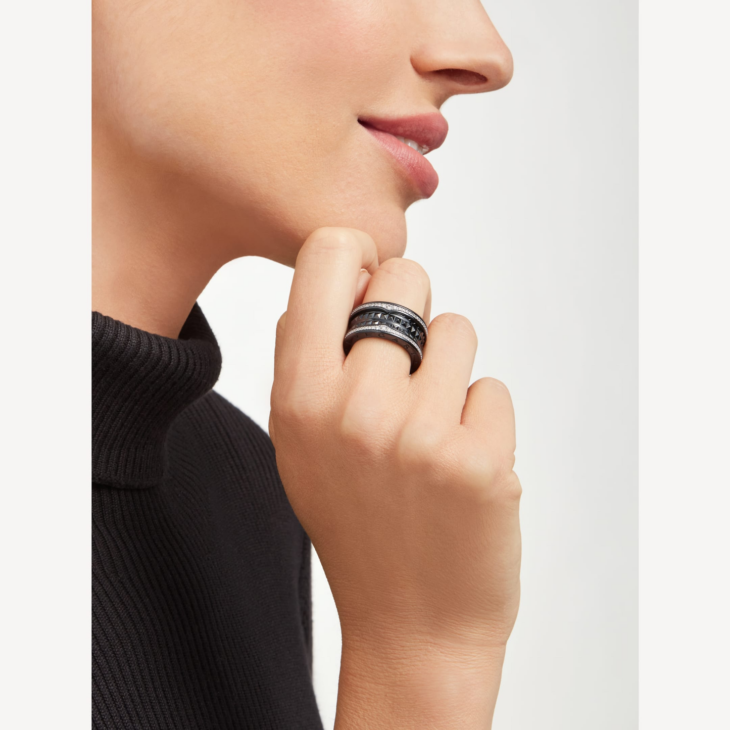[Together Jewelry]ZERO 1 ROCK FOUR-BAND BLACK CERAMIC WITH STUDDED SPIRAL AND PAVED DIAMONDS RING