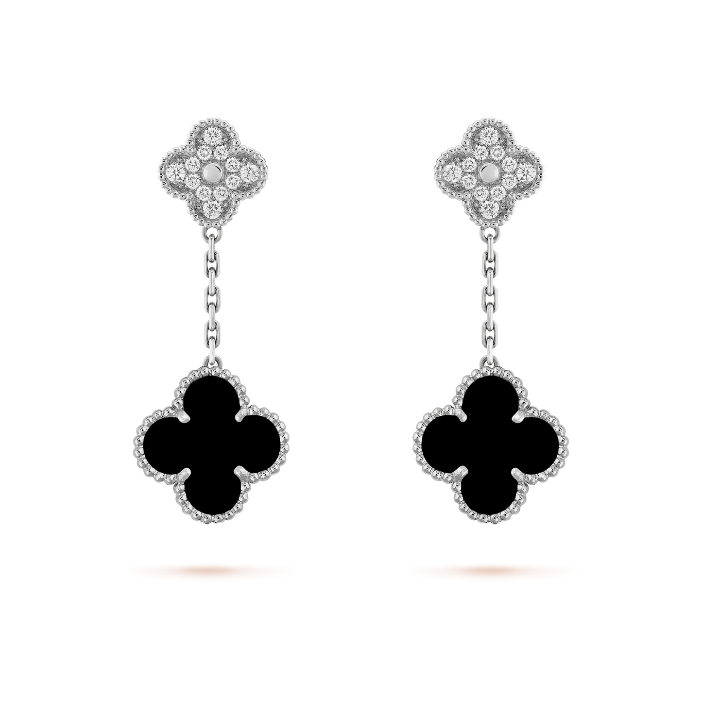 [Together]CLOVER 2 MOTIFS  DIAMOND ONYX EARRINGS SILVER