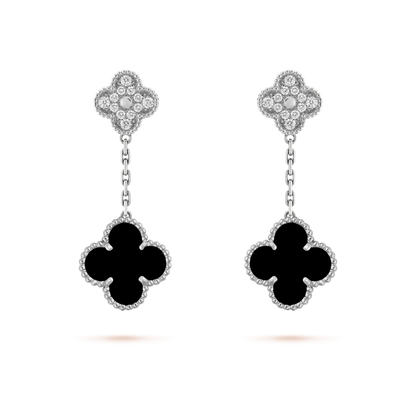 [Together]CLOVER 2 MOTIFS  DIAMOND ONYX EARRINGS SILVER