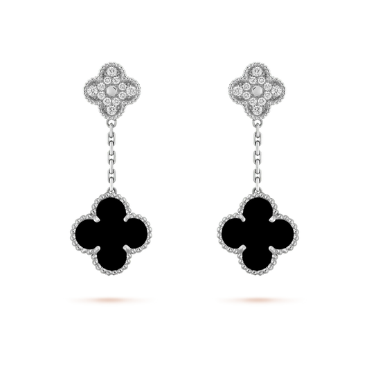 [Together]CLOVER 2 MOTIFS  DIAMOND ONYX EARRINGS SILVER