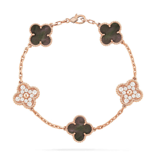 [Together]CLOVER 5 MOTIFS DARK MOP AND DIAMONDS PINK GOLD BRACELET