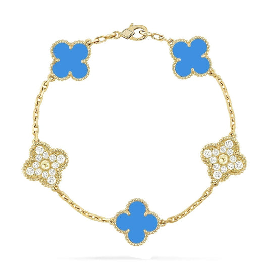 [Together]CLOVER 5 MOTIF BLUE CHALCEDONY DIAMOND GOLD BRACELET