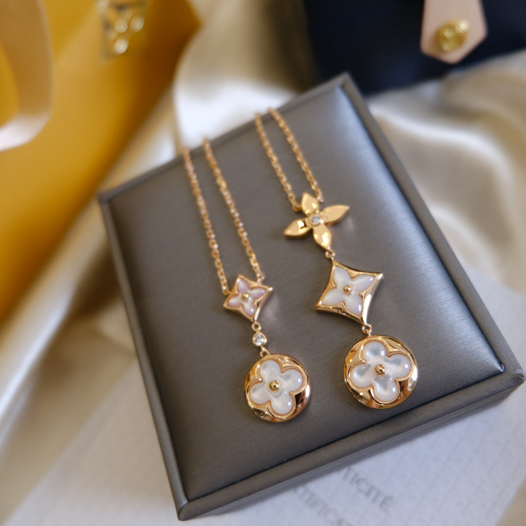 [Together Jewelry]COLOR BLOSSOM LARIAT NECKLACE PINK GOLD WHITE MOTHER PEARL AND DIAMOND