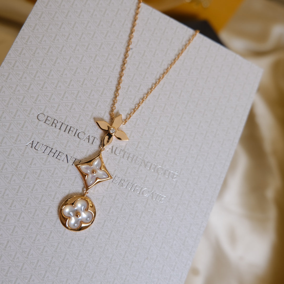 [Together Jewelry]COLOR BLOSSOM LARIAT NECKLACE PINK GOLD WHITE MOTHER PEARL AND DIAMOND