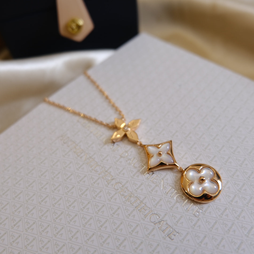 [Together Jewelry]COLOR BLOSSOM LARIAT NECKLACE PINK GOLD WHITE MOTHER PEARL AND DIAMOND
