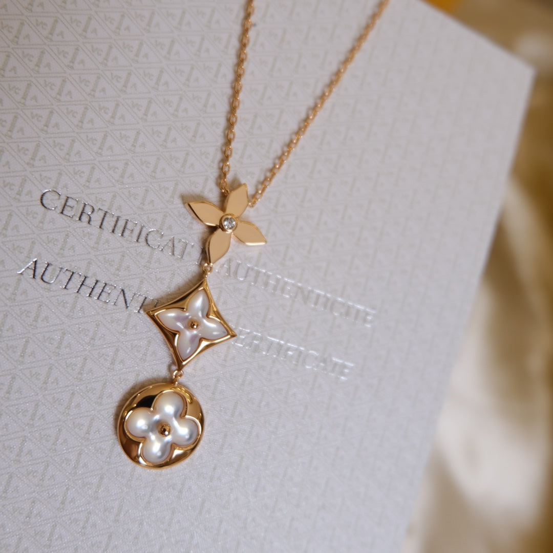 [Together Jewelry]COLOR BLOSSOM LARIAT NECKLACE PINK GOLD WHITE MOTHER PEARL AND DIAMOND