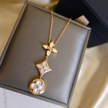 [Together Jewelry]COLOR BLOSSOM LARIAT NECKLACE PINK GOLD WHITE MOTHER PEARL AND DIAMOND