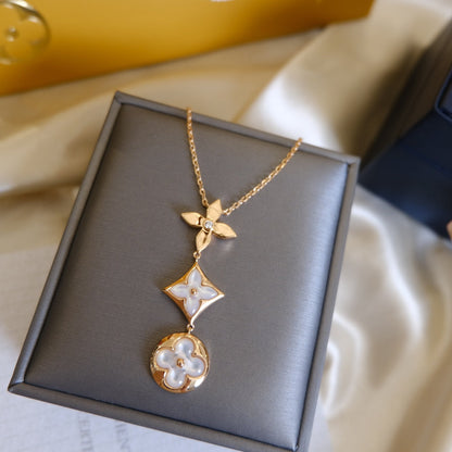 [Together Jewelry]COLOR BLOSSOM LARIAT NECKLACE PINK GOLD WHITE MOTHER PEARL AND DIAMOND