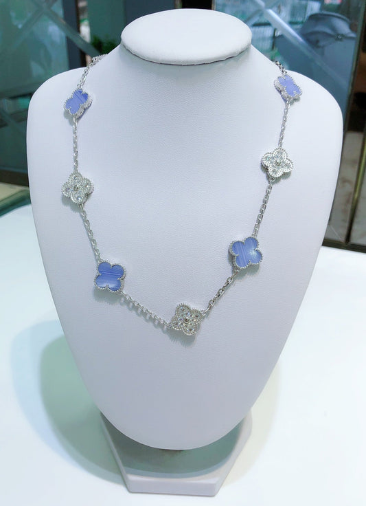 [Together]CLOVER 10 MOTIFS CHALCEDONY DIAMONDS SILVER NECKLACE